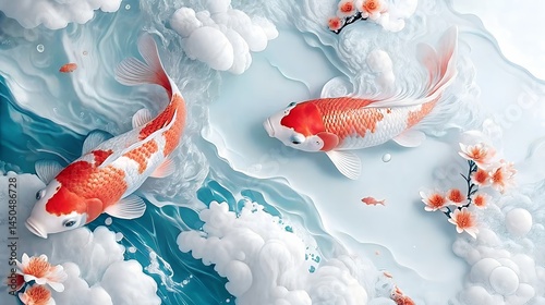 Koi Fish in Dreamy White Water Garden with Blossoms