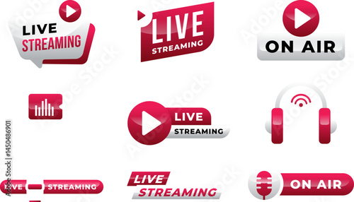 Collection of vibrant live streaming and on air broadcast graphic icons perfect for digital media projects
