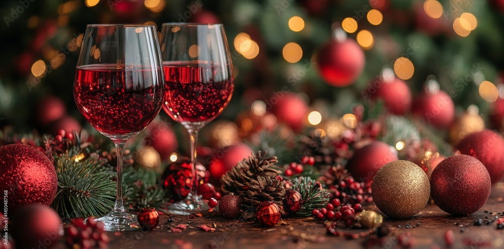 Festive Celebration with Red Wine Glasses Holiday Christmas Background