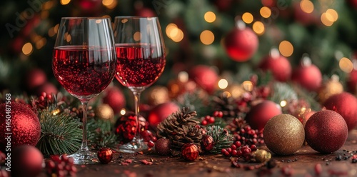Festive Celebration with Red Wine Glasses Holiday Christmas Background
