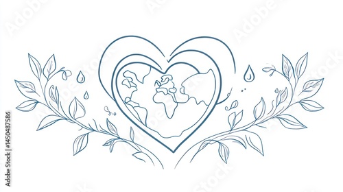 Earth within a heart, surrounded by leaves and water droplets, symbolizing environmental care