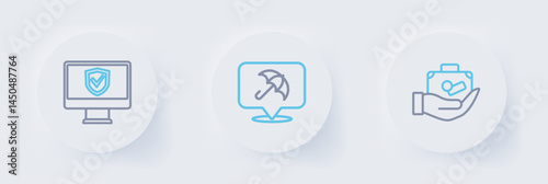 Set line Travel suitcase in hand, Umbrella and Insurance online icon. Vector