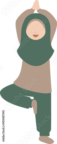 Muslim Woman Practicing Yoga Tree Pose - Flat Vector Illustration