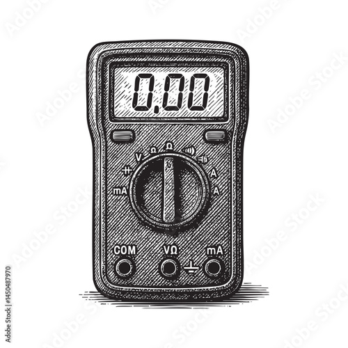 Digital multimeter woodcut engraving vector illustration