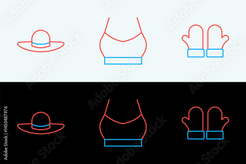 Set line Christmas mittens, Elegant women hat and Female crop top icon. Vector