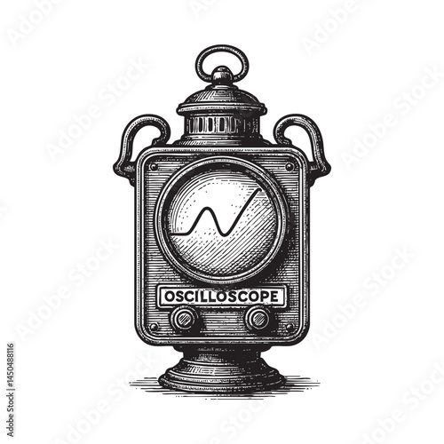 Tube-based oscilloscope woodcut engraving vector illustration