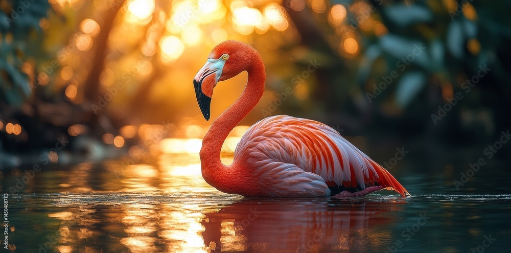 Flamingo Wading Gracefully in Tropical Wetland at Sunrise Nature Photography Serene Colors