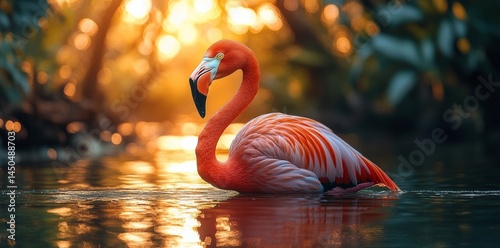 Obraz na płótnie Flamingo Wading Gracefully in Tropical Wetland at Sunrise Nature Photography Serene Colors w salonie