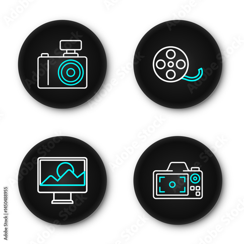 Set line Photo camera, retouching, Film reel and icon. Vector
