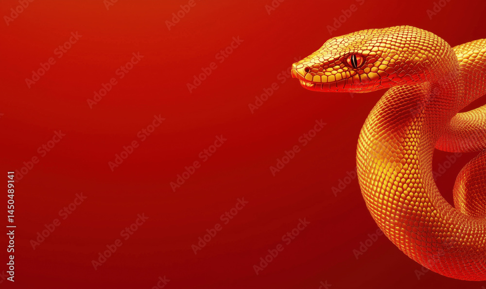 Fototapeta premium Vibrant orange snake against a red background showcasing intricate scales and texture.
