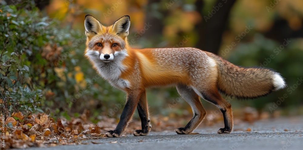 Curious Fox Exploring a Scenic Autumn Path Nature Photography Close-Up View