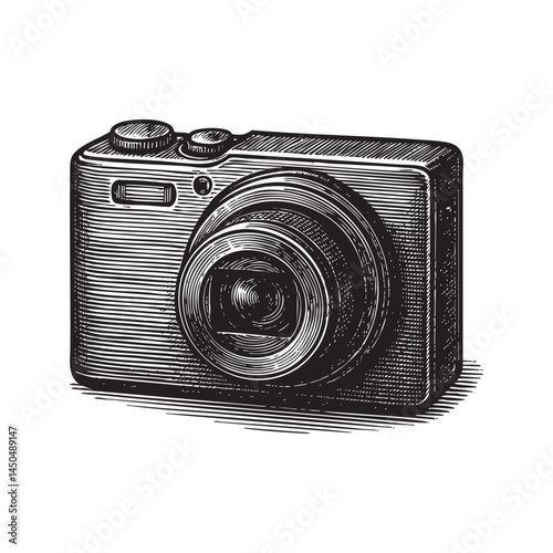 pocket camera woodcut engraving vector illustration