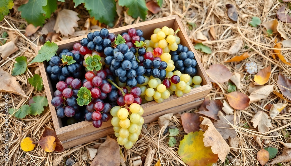 Basket of assorted grapes on straw with autumn leaves