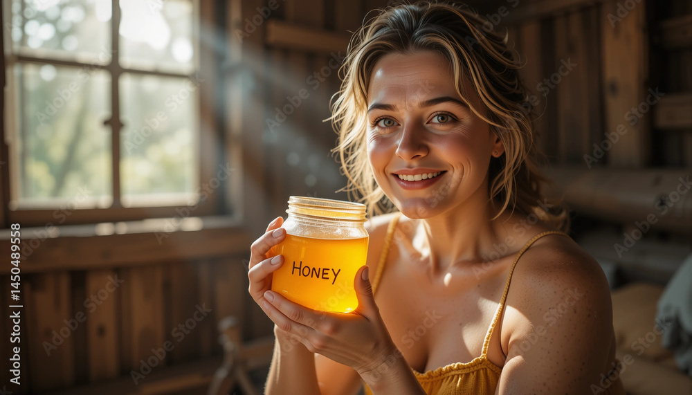 Smiling woman holding jar of honey with sunlight in cozy wooden cabin