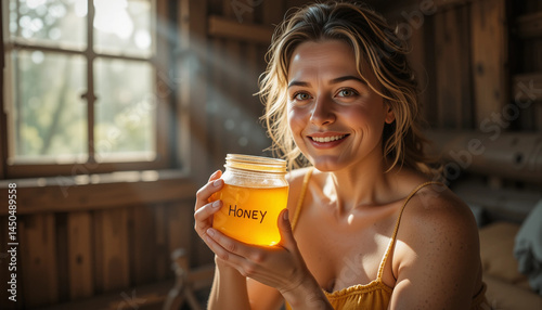 Obraz na płótnie Smiling woman holding jar of honey with sunlight in cozy wooden cabin
w salonie