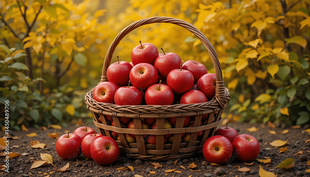 Basket of freshly picked red apples with autumn foliage in the background