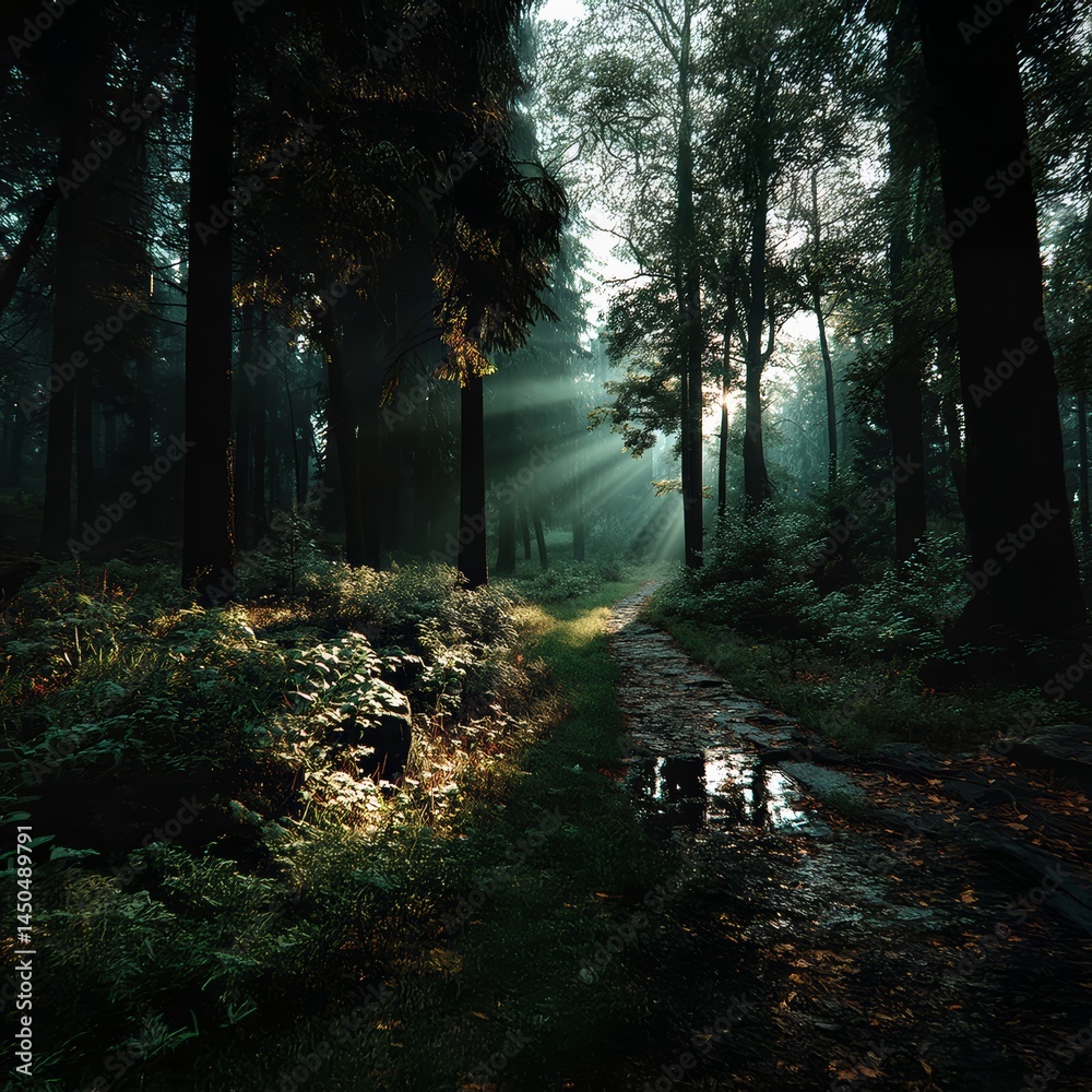 Obraz premium Wet Forest Path with Sunbeams and Puddle