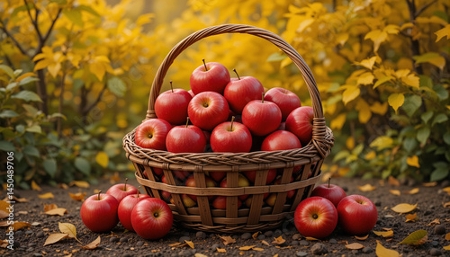 Obraz na płótnie Basket of freshly picked red apples with autumn foliage in the background w salonie