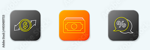 Set line Financial growth and dollar, Stacks paper money cash and Discount percent tag icon. Vector