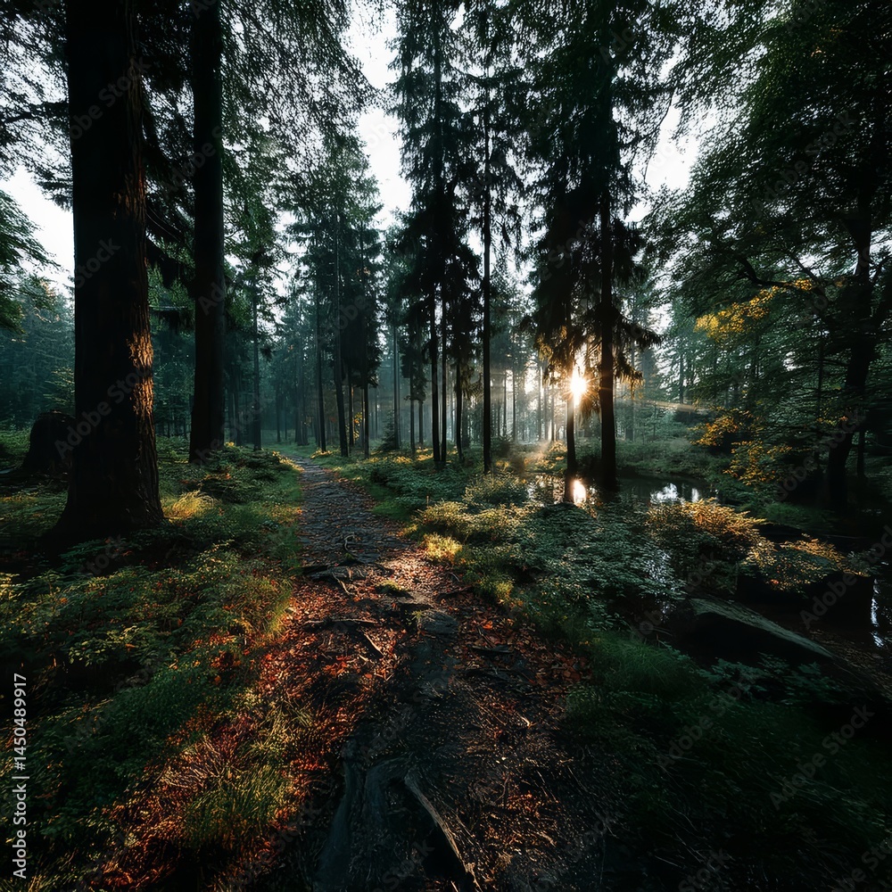 Obraz premium Forest Path to Water with Sunbeam Reflection