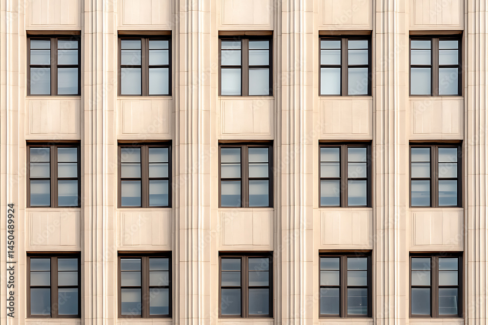 Fototapeta premium Building Facade: Symmetry and Shadows. Repeated window patterns create a compelling architectural design. Symmetry is beautiful and simple.