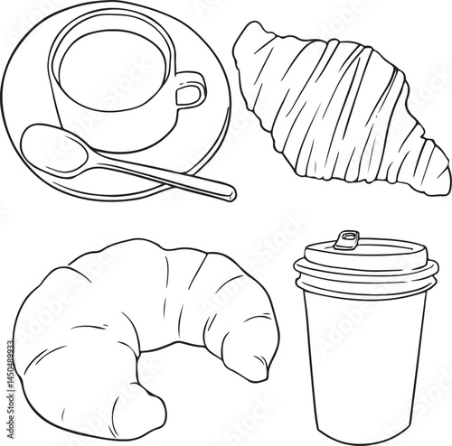 Hand drawn croissant and drink set. Coffee cup, to-go cup, and flaky pastry sketch. Vector illustration.