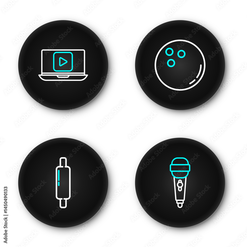 Set line Microphone, Rolling pin, Bowling ball and Online play video icon. Vector Set line Microphone, Rolling pin, Bowling ball and Online play video icon. Vector