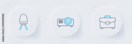 Set line Briefcase, Movie, film, media projector and Office chair icon. Vector