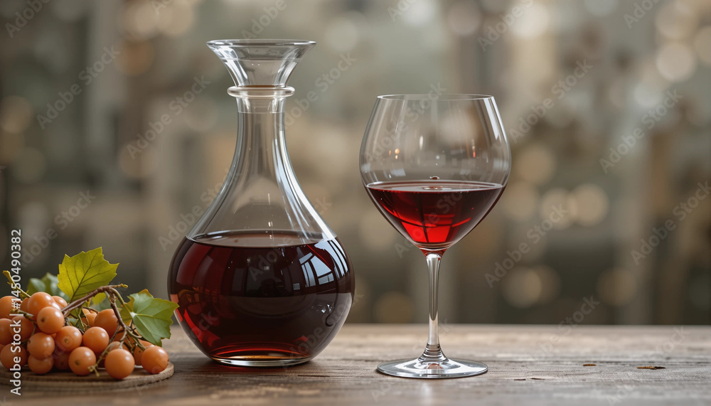 New harvest red wine in decanter and glass with fresh grapes on wooden table