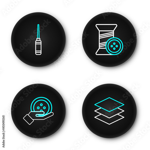 Set line Layers clothing textile, Sewing button, thread and and Awl tool icon. Vector