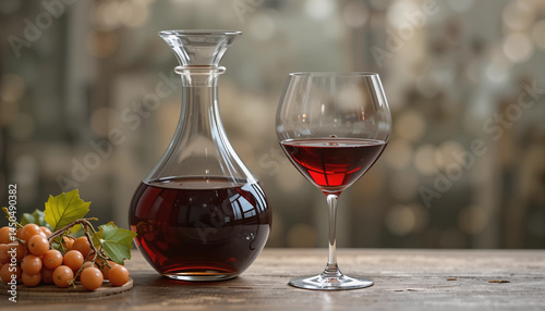 Obraz na płótnie New harvest red wine in decanter and glass with fresh grapes on wooden table
w salonie