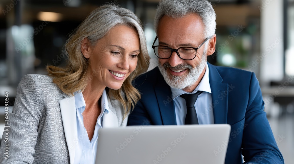 Obraz premium A man and woman are looking at a laptop together