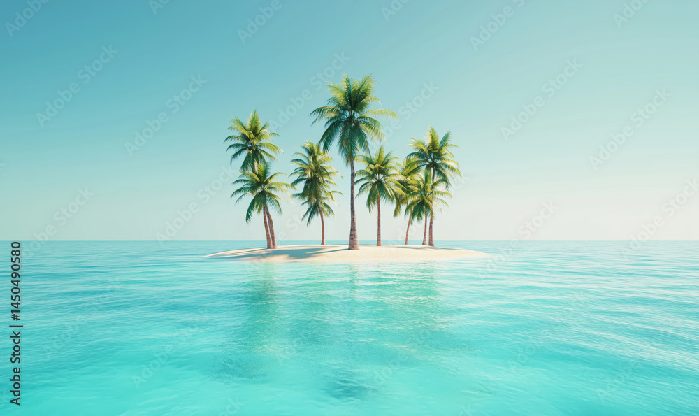 Fototapeta premium Tropical island with palm trees surrounded by clear turquoise water.