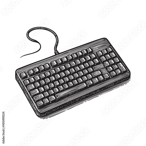 Wired keyboard woodcut engraving vector illustration
