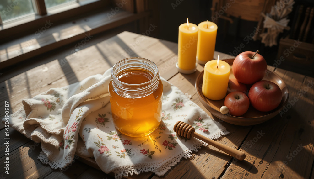 Jar of honey and fresh apples with candles on rustic table
