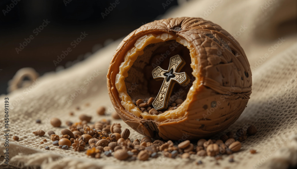 Decorative walnut shell with small cross inside on fabric background