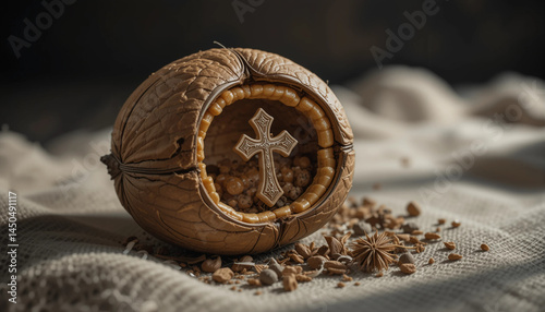 Obraz na płótnie Decorative walnut shell with wooden cross and fragments on fabric
w salonie