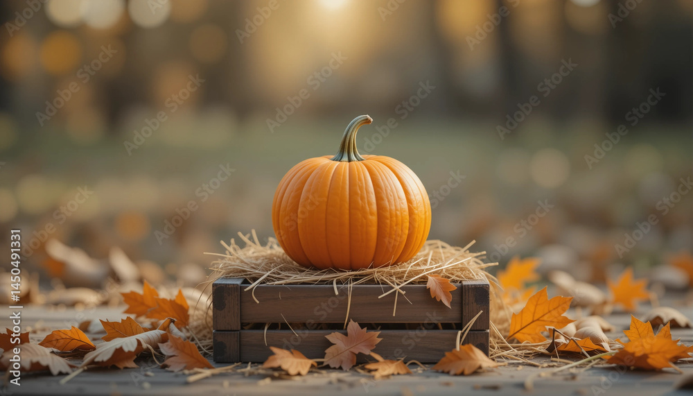 Single pumpkin displayed on hay with autumn leaves in soft sunlight