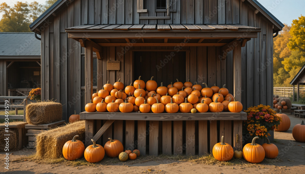 Rustic farm stand filled with freshly harvested pumpkins in autumn