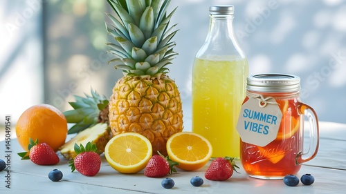 Summer Vibes Still Life with Tropical Fruits including Pineapple, Orange, Strawberries, Blueberries, Iced Tea Mason Jar, and Lemonade Bottle