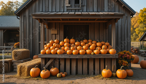 Obraz na płótnie Rustic farm stand filled with freshly harvested pumpkins in autumn
w salonie