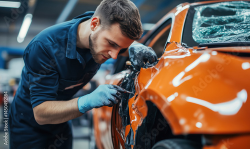 Car repair technician working on damaged orange vehicle in auto body shop.