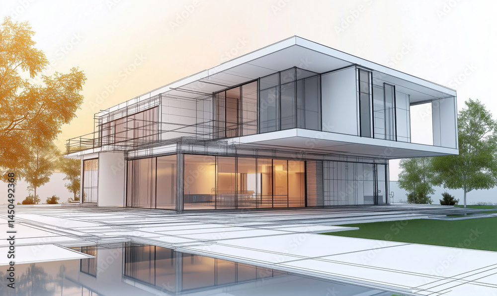 Modern architectural design of a sleek house with glass and open spaces. Modern architectural design of a sleek house with glass and open spaces.
