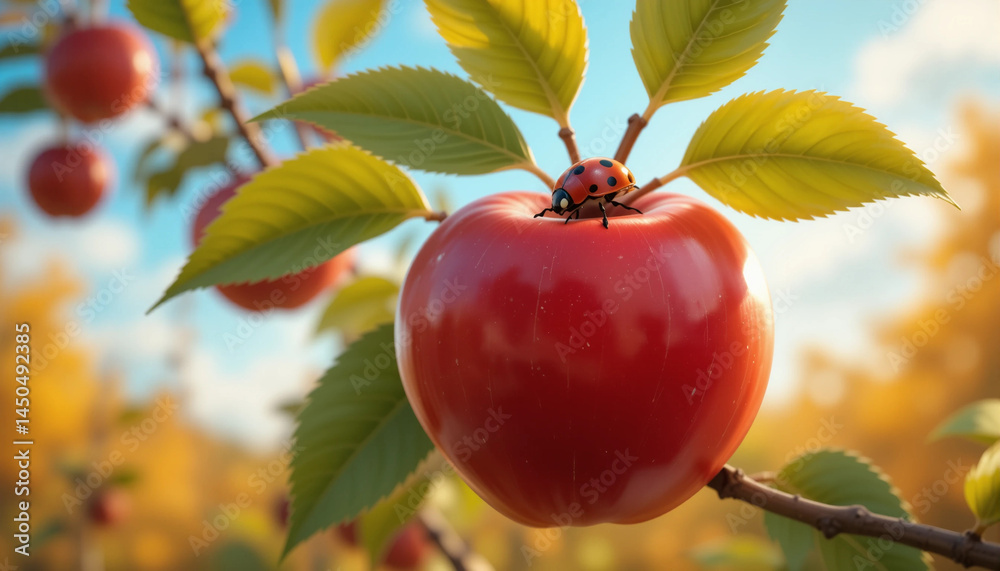 Close-up of a shiny red apple with ladybug on branch in autumn