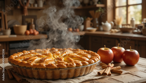 Obraz na płótnie Cozy kitchen with steaming apple pie and fresh ingredients on wooden table w salonie