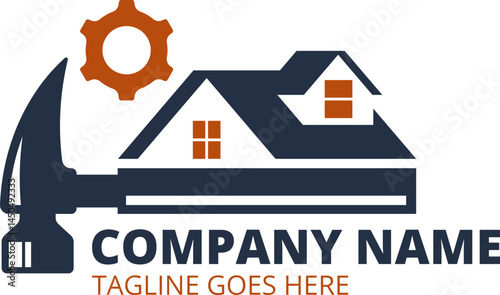 Home Repair Company Logo Design Featuring Hammer House and Gear Icon Perfect for Construction Business Branding