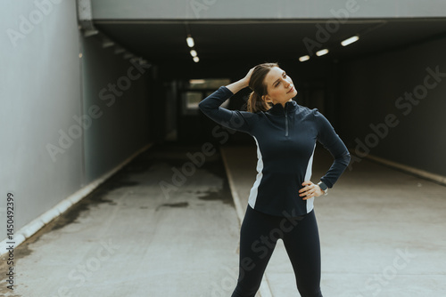 Stretching in a sleek urban...