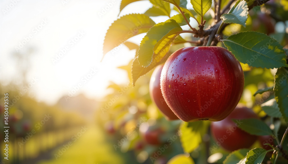 Ripe red apples on tree branches in sunlit orchard