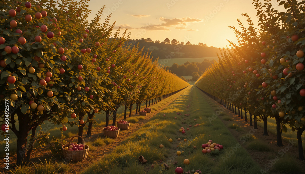Beautiful young apple orchard at sunset with baskets of apples