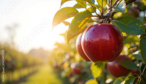 Obraz na płótnie Ripe red apples on tree branches in sunlit orchard w salonie
